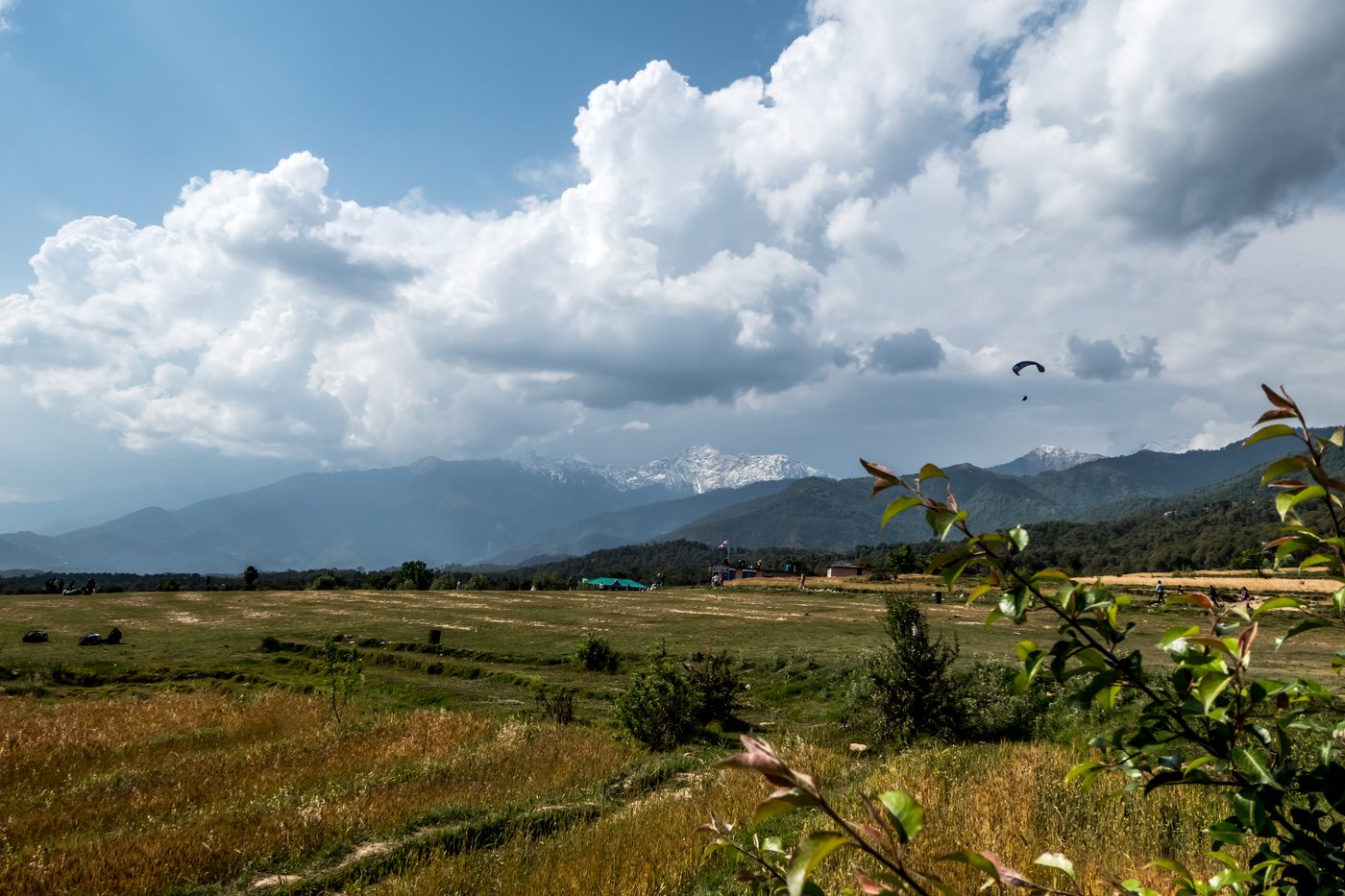 The Bir landing field under big cumulus, snow peaks behind, one wing coming in