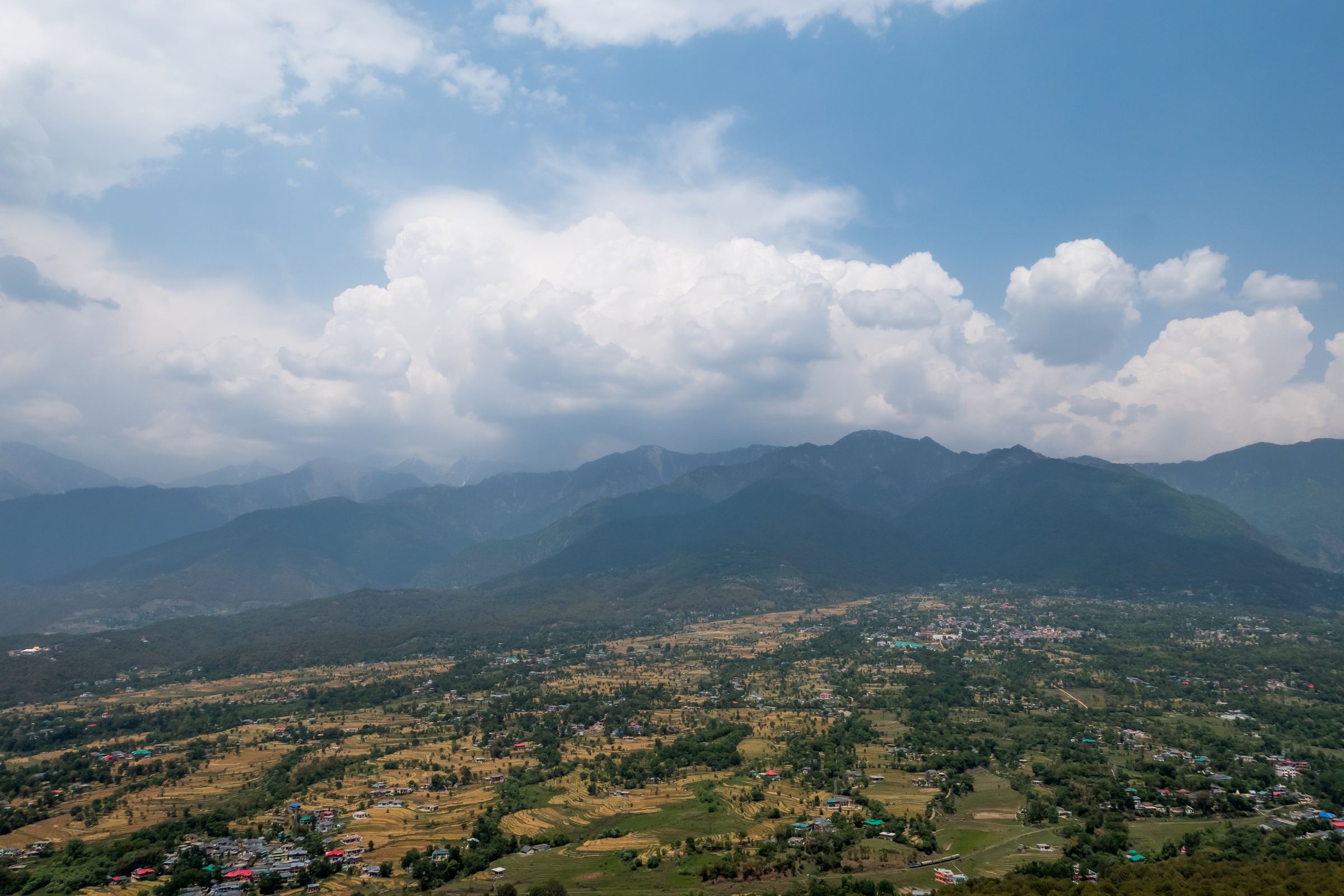 The Dhauladhar range under building cumulus, above the Kangra valley